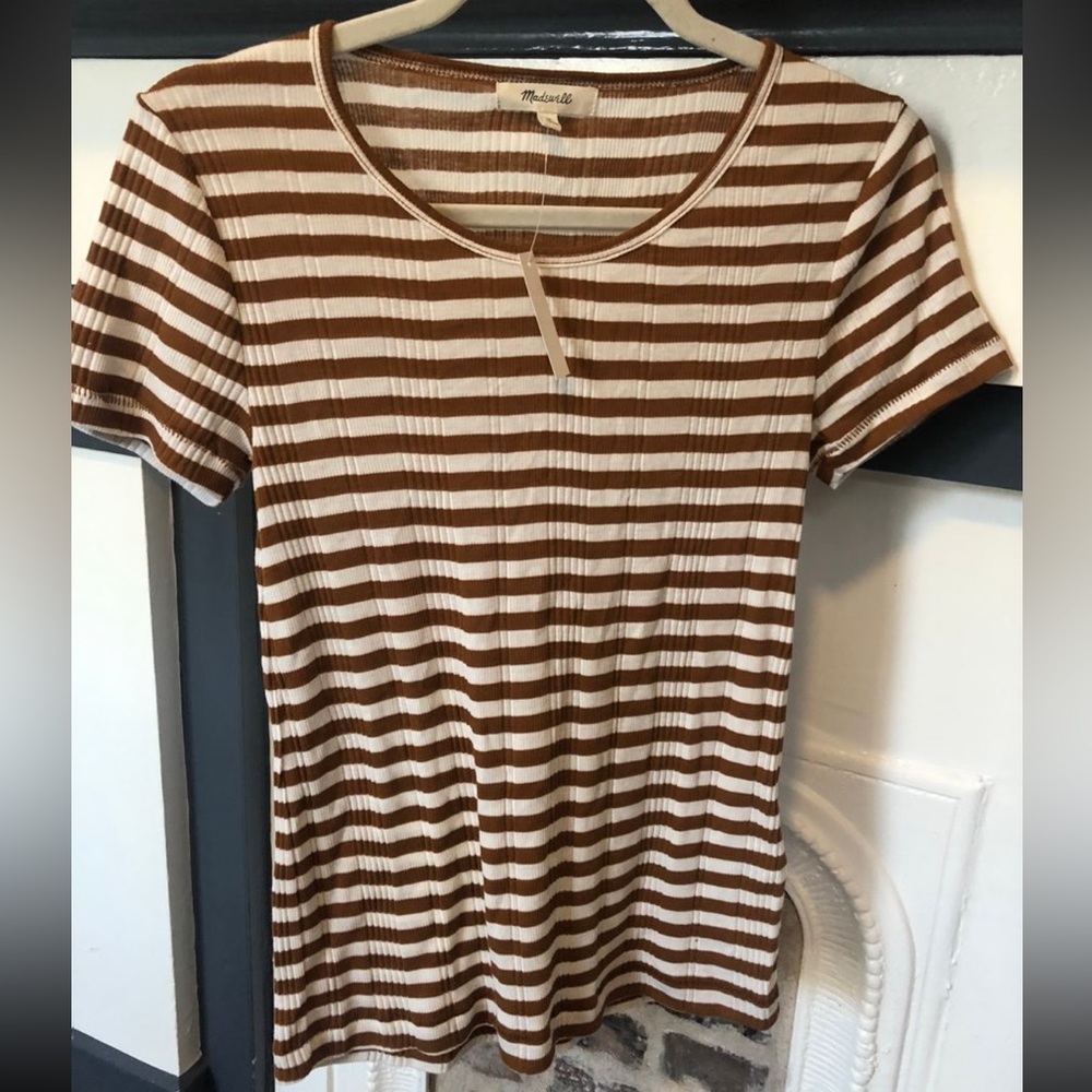 Madewell Brown & Cream Striped Ribbed Short Sleeve Tee